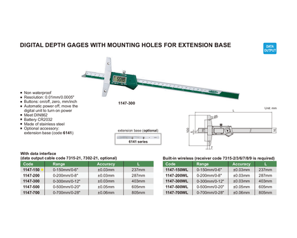 INSIZE Measuring Equipment Insize Digital Depth Gauge 0-150mm / 0-6" Range Series 1147-150