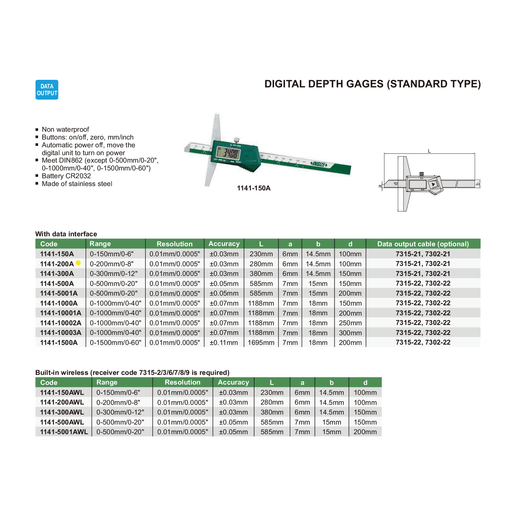 INSIZE Measuring Equipment Insize Digital Depth Gauge 0-200mm/0-8" Range Series 1141-200A
