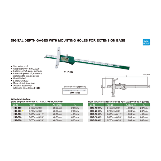 INSIZE Measuring Equipment Insize Digital Depth Gauge 0-200mm / 0-8" Range Series 1147-200