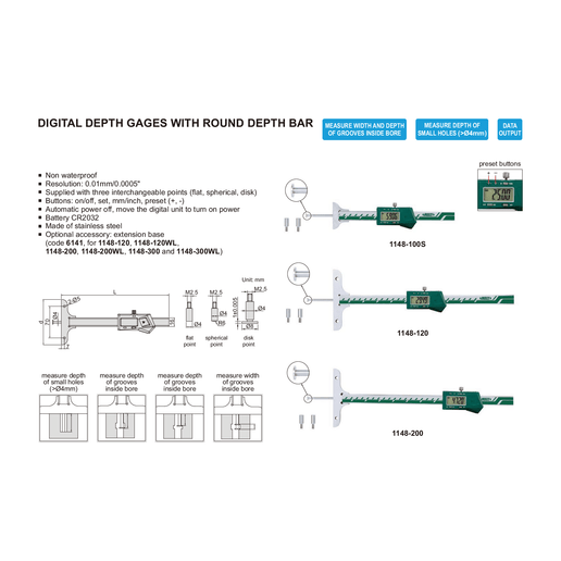 INSIZE Measuring Equipment Insize Digital Depth Gauge 0-200mm / 0-8" Range Series 1148-200