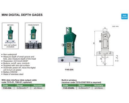 INSIZE Measuring Equipment Insize Digital Depth Gauge 0-25mm x 0.01mm Range Series 1145-25A