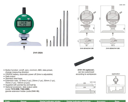 INSIZE Measuring Equipment Insize Digital Depth Gauge 0-300mm/0-12" Range Series 2141-202A