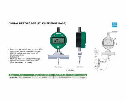 INSIZE Measuring Equipment Insize Digital Depth Gauge (60° Knife Edge Base) Range Series 2143-101