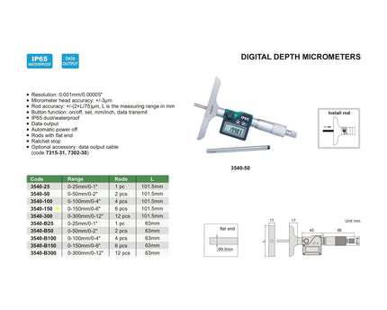 INSIZE Measuring Equipment Insize Digital Depth Micrometer 0-150mm/0-6" Range Series 3540-150