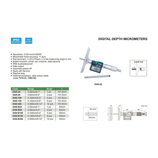 INSIZE Measuring Equipment Insize Digital Depth Micrometer 0-150mm/0-6" Range Series 3540-150