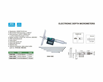 INSIZE Measuring Equipment Insize Digital Depth Micrometer 0-2" Range Series 3540-50E