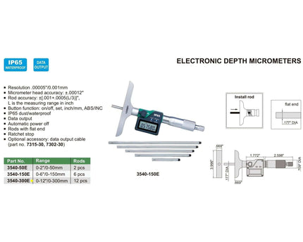 INSIZE Measuring Equipment Insize Digital Depth Micrometer 0-300mm/0-12" Range Series 3540-300E