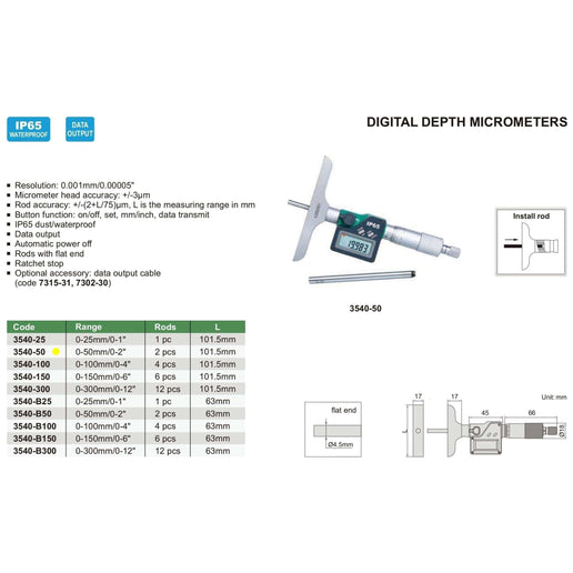 INSIZE Measuring Equipment Insize Digital Depth Micrometer 0-50mm/0-2" Range Series 3540-50