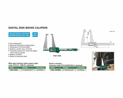 INSIZE Measuring Equipment Insize Digital Disc Brake Caliper 0-125mm/0-5" Range Series 1162-125A