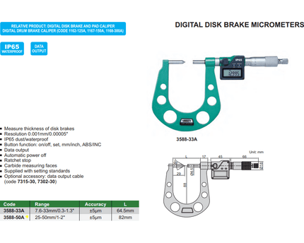INSIZE Measuring Equipment Insize Digital Disc Brake Micrometer 25-50mm Range Series 3588-50A