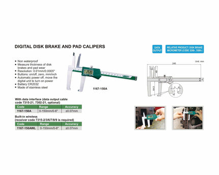 INSIZE Measuring Equipment Insize Digital Disc Brake & Pad Caliper 0-150mm/0-6" Range Series 1167-150A