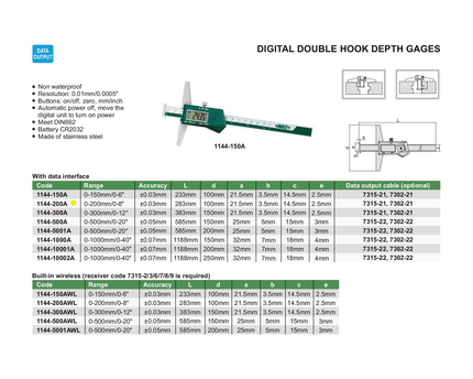 INSIZE Measuring Equipment Insize Digital Double Hook Depth Gauge 0-200mm / 0-8" Range Series 1144-200A