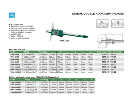 INSIZE Measuring Equipment Insize Digital Double Hook Depth Gauge 0-300mm / 0-12" Range Series 1144-300A
