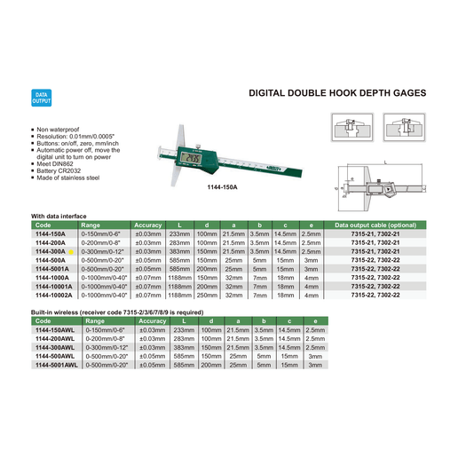 INSIZE Measuring Equipment Insize Digital Double Hook Depth Gauge 0-300mm / 0-12" Range Series 1144-300A