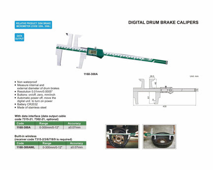 INSIZE Measuring Equipment Insize Digital Drum Brake Caliper 0-300mm/0-12" Range Series 1168-300A
