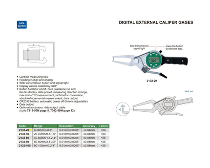 INSIZE Measuring Equipment Insize Digital External Caliper Gauge 0-20mm/0-0.8" Range Series 2132-20