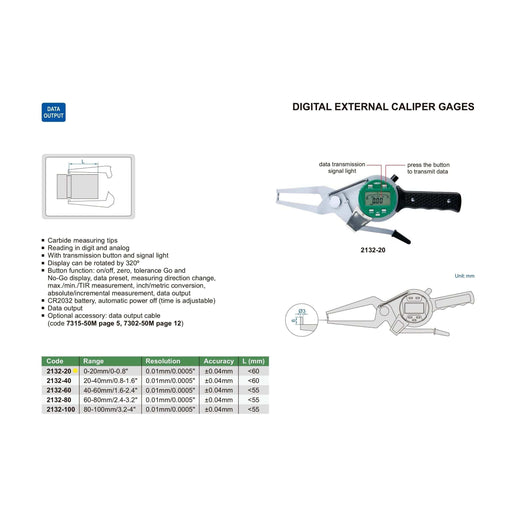INSIZE Measuring Equipment Insize Digital External Caliper Gauge 0-20mm/0-0.8" Range Series 2132-20
