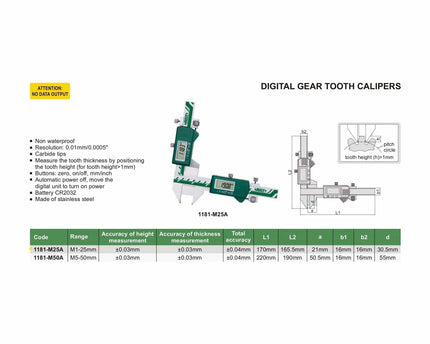 INSIZE Measuring Equipment Insize Digital Gear Tooth Caliper 1-25mm Range Series 1181-M25A