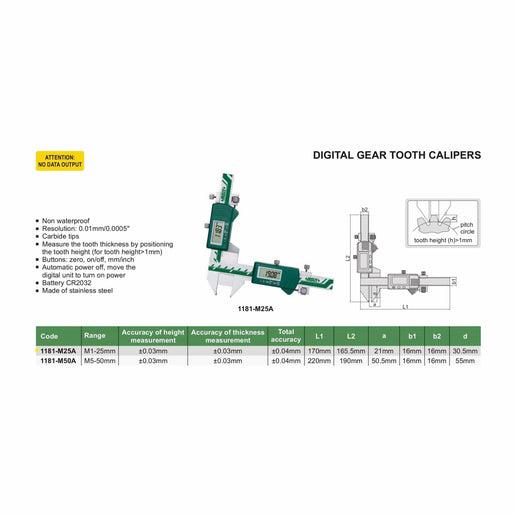 INSIZE Measuring Equipment Insize Digital Gear Tooth Caliper 1-25mm Range Series 1181-M25A
