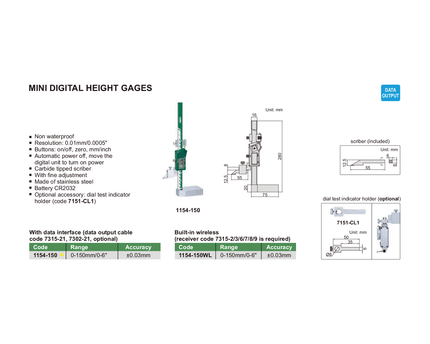 INSIZE Measuring Equipment Insize Digital Height Gauge 0-150mm / 0-6" Range Series 1154-150