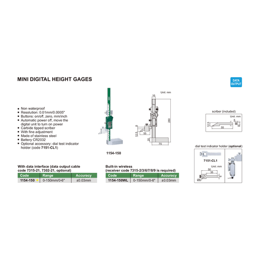INSIZE Measuring Equipment Insize Digital Height Gauge 0-150mm / 0-6" Range Series 1154-150