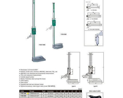 INSIZE Measuring Equipment Insize Digital Height Gauge  0-300mm / 0-12" Range Series 1150-300