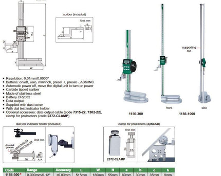 INSIZE Measuring Equipment Insize Digital Height Gauge  0-300mm / 0-12" Range Series 1156-300