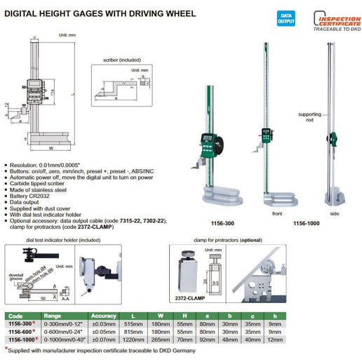 INSIZE Measuring Equipment Insize Digital Height Gauge  0-300mm / 0-12" Range Series 1156-300