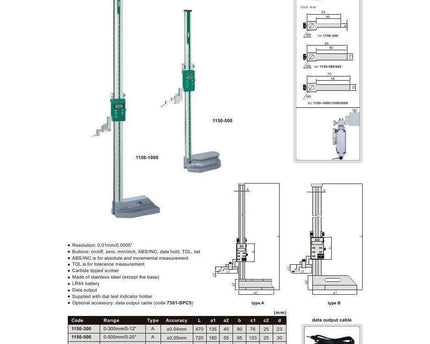 INSIZE Measuring Equipment Insize Digital Height Gauge  0-500mm / 0-20" Range Series 1150-500