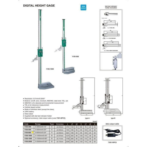 INSIZE Measuring Equipment Insize Digital Height Gauge  0-600mm / 0-24" Range Series 1150-600