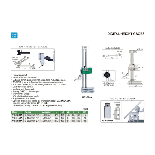 INSIZE Measuring Equipment Insize Digital Height Gauge  0-600mm / 0-24" Range Series 1151-600
