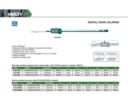 INSIZE Measuring Equipment Insize Digital Hook Caliper 0.12-6" / 3–150mm Range Series 1122-150