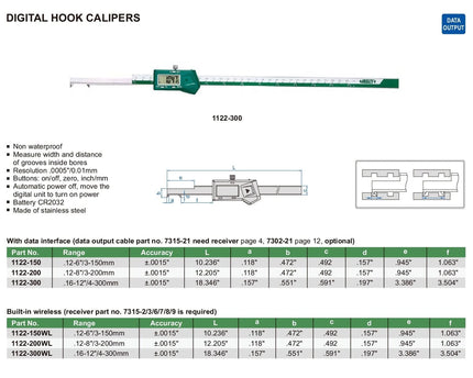 INSIZE Measuring Equipment Insize Digital Hook Caliper 0.16-12" / 4-300mm Range Series 1122-300