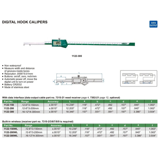 INSIZE Measuring Equipment Insize Digital Hook Caliper 0.16-12" / 4-300mm Range Series 1122-300