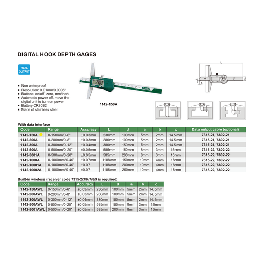 INSIZE MEASURING EQUIPMENT Insize Digital Hook Depth Gauge 0-150mm / 0-6" Range Series 1142-150A