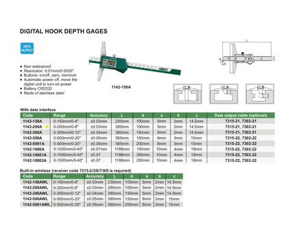 INSIZE Measuring Equipment Insize Digital Hook Depth Gauge 0-200mm / 0-8" Range Series 1142-200A