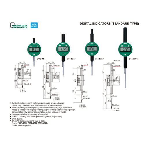 INSIZE Measuring Equipment Insize Digital Indicator 12.7mm/0.5" Range Series 2112-101