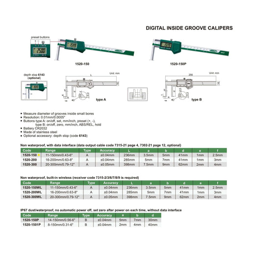 INSIZE Measuring Equipment Insize Digital Inside Groove Caliper 11-150mm x 0.01mm Range Series 1520-150