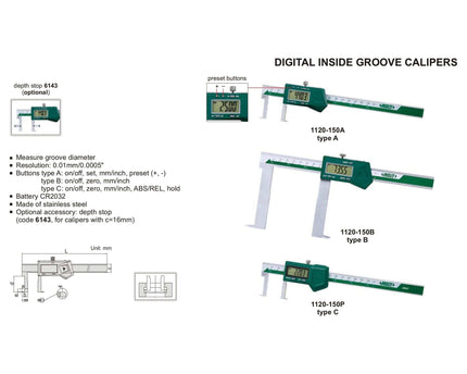 INSIZE Measuring Equipment Insize Digital Inside Groove Caliper 22-150mm Range Series 1120-150A