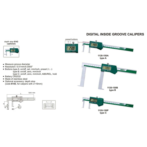 INSIZE Measuring Equipment Insize Digital Inside Groove Caliper 22-150mm Range Series 1120-150A