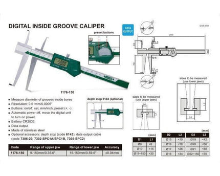 INSIZE Measuring Equipment INSIZE Digital Inside Groove Caliper  9 - 150mm / 0.35-6""Range Series 1176-150