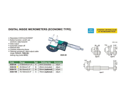INSIZE Measuring Equipment Insize Digital Inside Micrometer 25-50mm/1-2" Range Series 3520-50