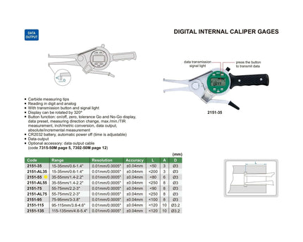 INSIZE Measuring Equipment Insize Digital Internal Caliper Gauge 35-55mm/1.4-2.2" Range Series 2151-55