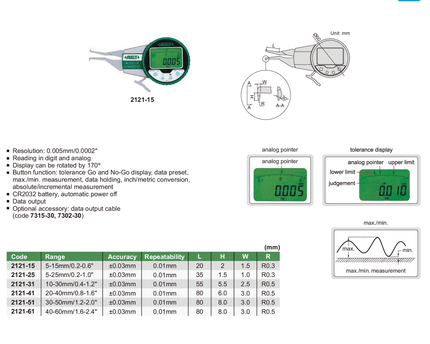 INSIZE MEASURING EQUIPMENT Insize Digital Internal Caliper Gauge 5–15 mm Range Series 2121-15