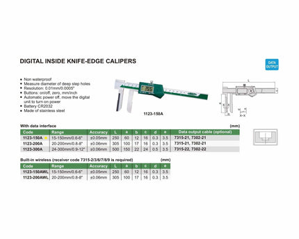 INSIZE MEASURING EQUIPMENT Insize Digital Knife Edge Caliper 15-150mm/0.6-6" Range Series 1123-150A