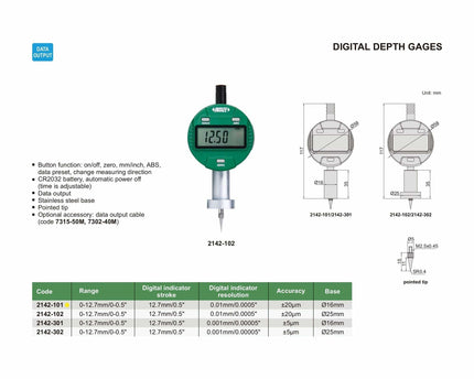 INSIZE Measuring Equipment Insize Digital Mini Short Base Depth Gauge 0-12.7mm/0-0.5" Range Series 2142-101