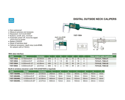 INSIZE Measuring Equipment Insize Digital Neck Caliper 0-150mm/0-6" Range Series 1187-150A