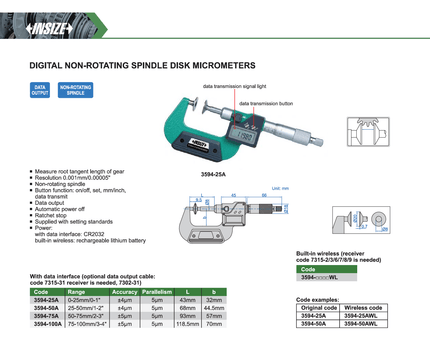 INSIZE MEASURING EQUIPMENT Insize Digital Non-Rotating Spindle Disk Micrometer 25–50 mm / 1–2" Series 3594-50A