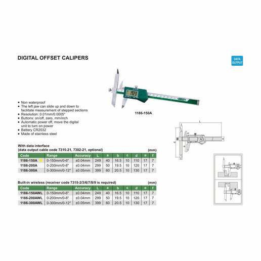 INSIZE Measuring Equipment Insize Digital Offset Caliper 0-150mm/0-6" Range Series 1186-150A