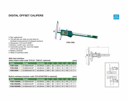 INSIZE Measuring Equipment Insize Digital Offset Caliper 0-200mm/0-8" Range Series 1186-200A